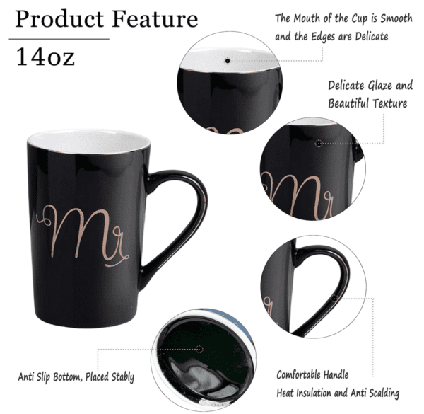 A black coffee mug with the words " mr." and " mi ".